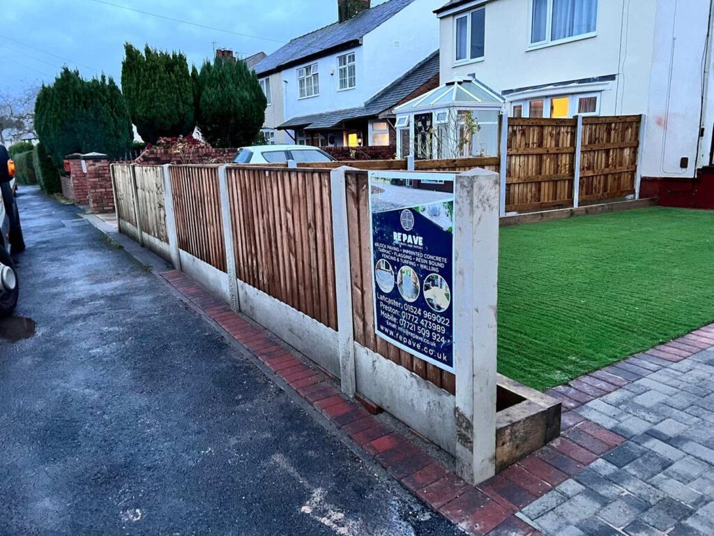 New fencing, block paving and artificial grass at a front garden