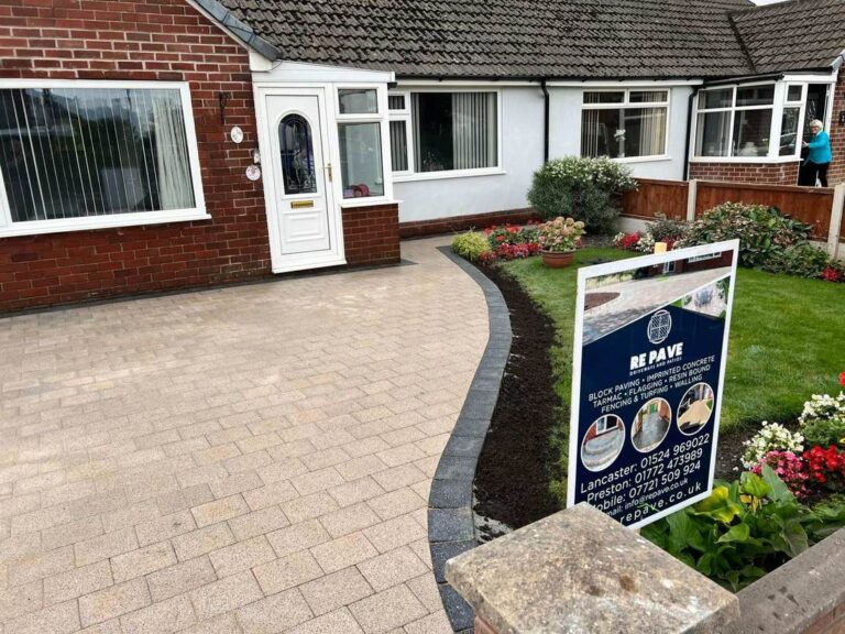Curved buff block paved driveway at a semi-detached bungalow